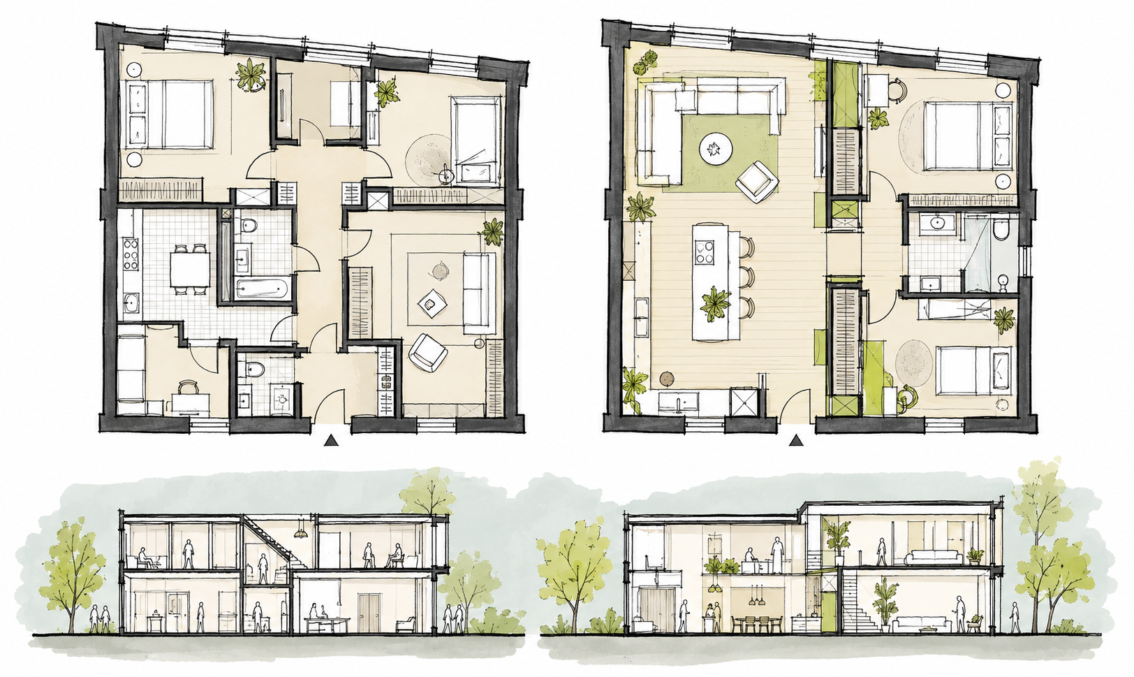 Tavola illustrativa con piante affiancate e sezioni architettoniche di una possibile trasformazione